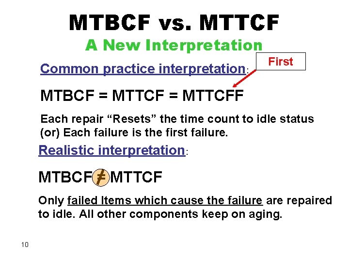 MTBCF vs. MTTCF A New Interpretation Common practice interpretation: First MTBCF = MTTCFF Each