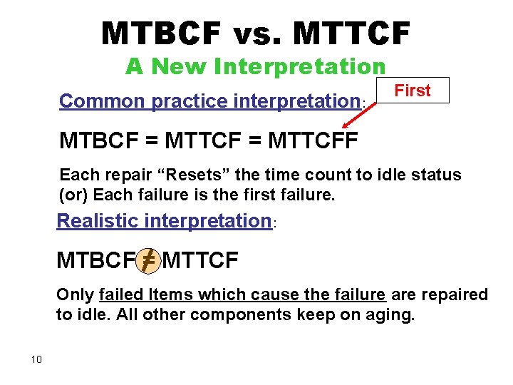 MTBCF vs. MTTCF A New Interpretation Common practice interpretation: First MTBCF = MTTCFF Each MTBCF vs. MTTCF A New Interpretation Common practice interpretation: First MTBCF = MTTCFF Each
