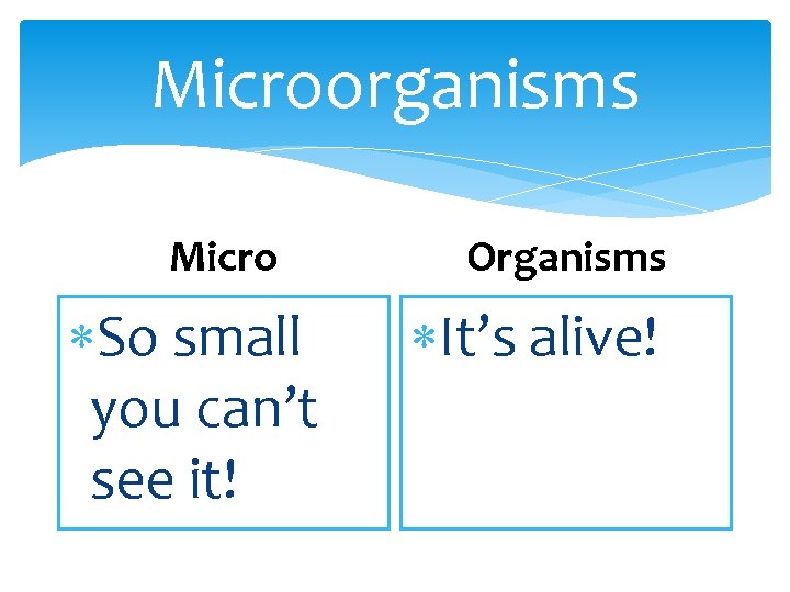 Microorganisms Micro So small you can’t see it! Organisms It’s alive! 