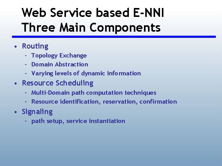 Web Service based E-NNI Three Main Components • Routing – Topology Exchange – Domain