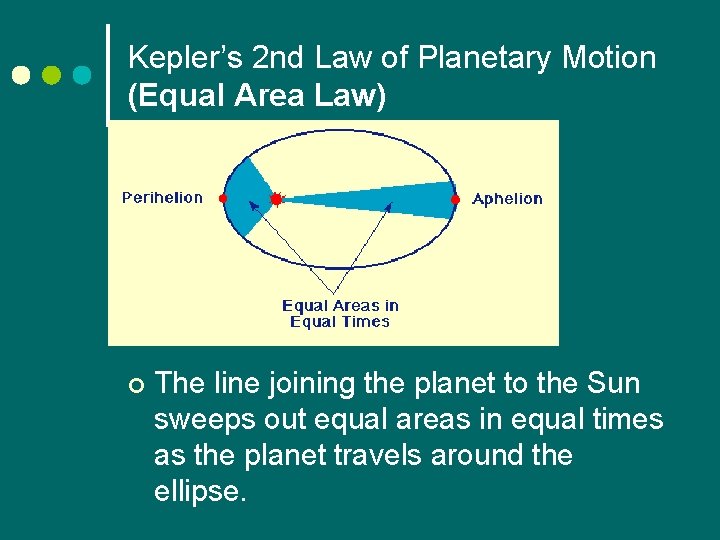 Kepler’s 2 nd Law of Planetary Motion (Equal Area Law) ¢ The line joining