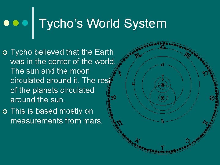 Tycho’s World System ¢ ¢ Tycho believed that the Earth was in the center