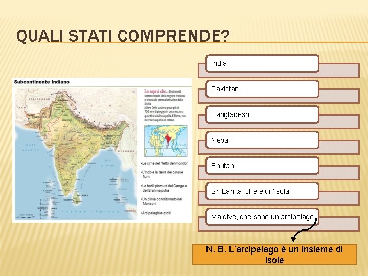 QUALI STATI COMPRENDE? India Pakistan Bangladesh Nepal Bhutan Sri Lanka, che è un’isola Maldive,