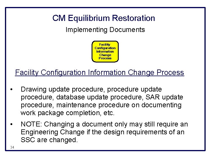 CM Equilibrium Restoration Implementing Documents Facility Configuration Information Change Process • Drawing update procedure,