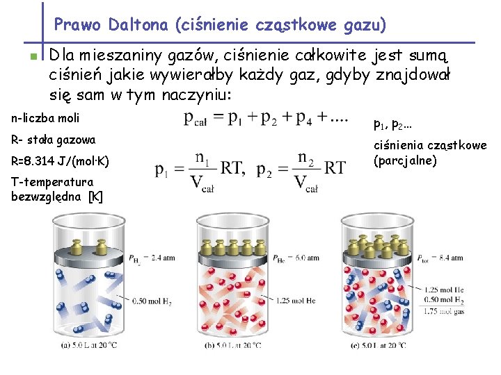 Prawo Daltona (ciśnienie cząstkowe gazu) n Dla mieszaniny gazów, ciśnienie całkowite jest sumą ciśnień