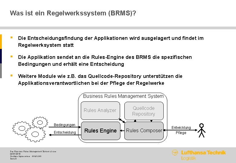 Was ist ein Regelwerkssystem (BRMS)? § Die Entscheidungsfindung der Applikationen wird ausgelagert und findet