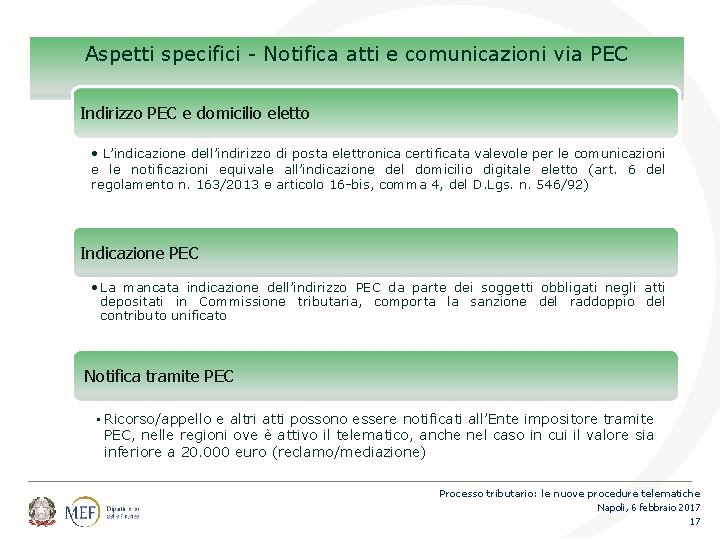 Percorsi Aspetti specifici - Notifica atti e comunicazioni via PEC Indirizzo PEC e domicilio