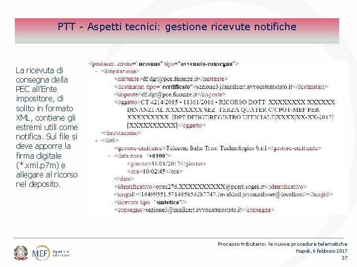 PTT - Aspetti tecnici: gestione ricevute notifiche La ricevuta di consegna della PEC all’Ente