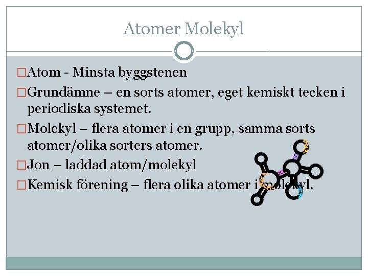 Atomer Molekyl �Atom - Minsta byggstenen �Grundämne – en sorts atomer, eget kemiskt tecken