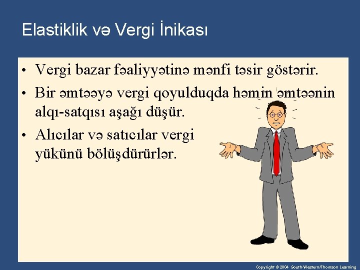 Elastiklik və Vergi İnikası • Vergi bazar fəaliyyətinə mənfi təsir göstərir. • Bir əmtəəyə