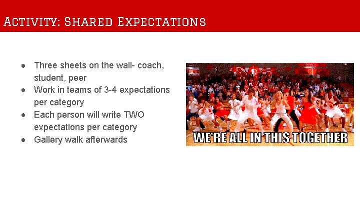 Activity: Shared Expectations ● Three sheets on the wall- coach, student, peer ● Work