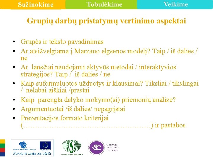 Sužinokime Grupių darbų pristatymų vertinimo aspektai • Grupės ir teksto pavadinimas • Ar atsižvelgiama