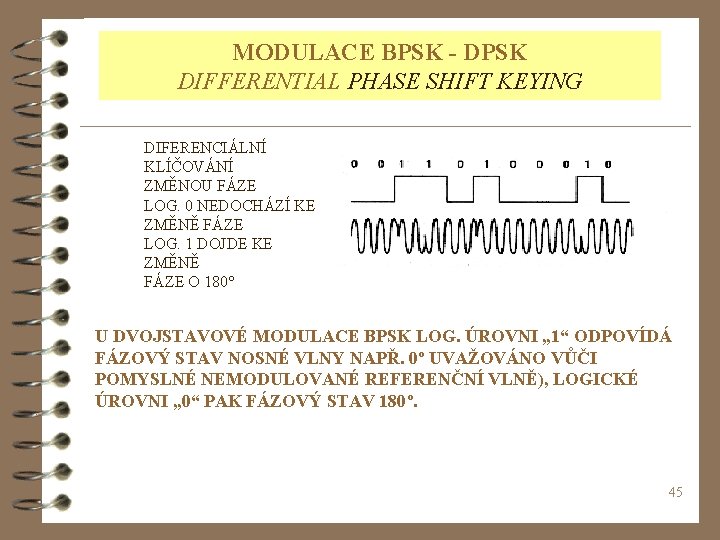 MODULACE BPSK - DPSK DIFFERENTIAL PHASE SHIFT KEYING DIFERENCIÁLNÍ KLÍČOVÁNÍ ZMĚNOU FÁZE LOG. 0