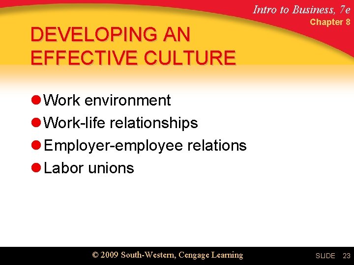 Intro to Business, 7 e DEVELOPING AN EFFECTIVE CULTURE Chapter 8 l Work environment