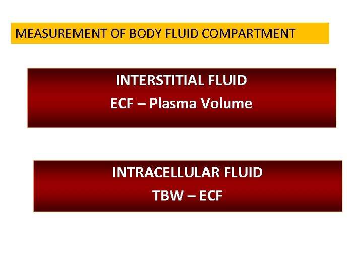 MEASUREMENT OF BODY FLUID COMPARTMENT INTERSTITIAL FLUID ECF – Plasma Volume INTRACELLULAR FLUID TBW