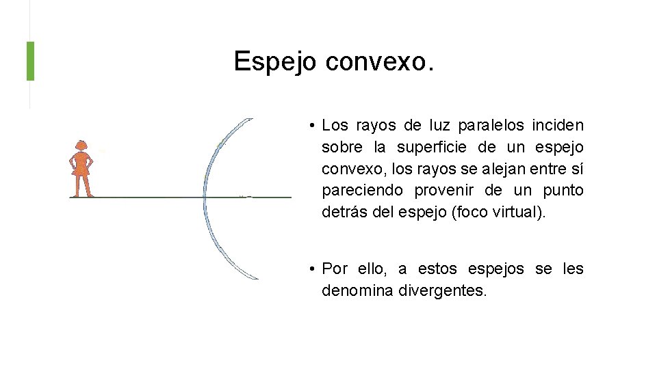 Espejo convexo. • Los rayos de luz paralelos inciden sobre la superficie de un