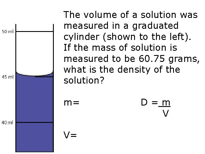 The volume of a solution was measured in a graduated cylinder (shown to the