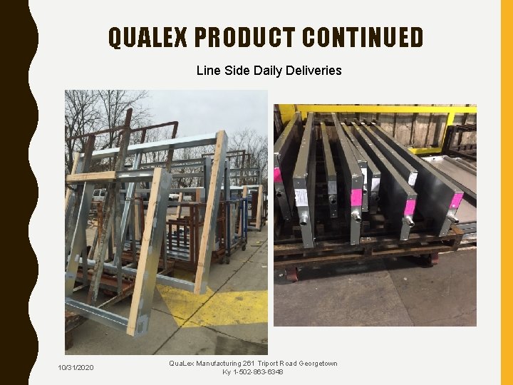 QUALEX PRODUCT CONTINUED Line Side Daily Deliveries 10/31/2020 Qua. Lex Manufacturing 261 Triport Road