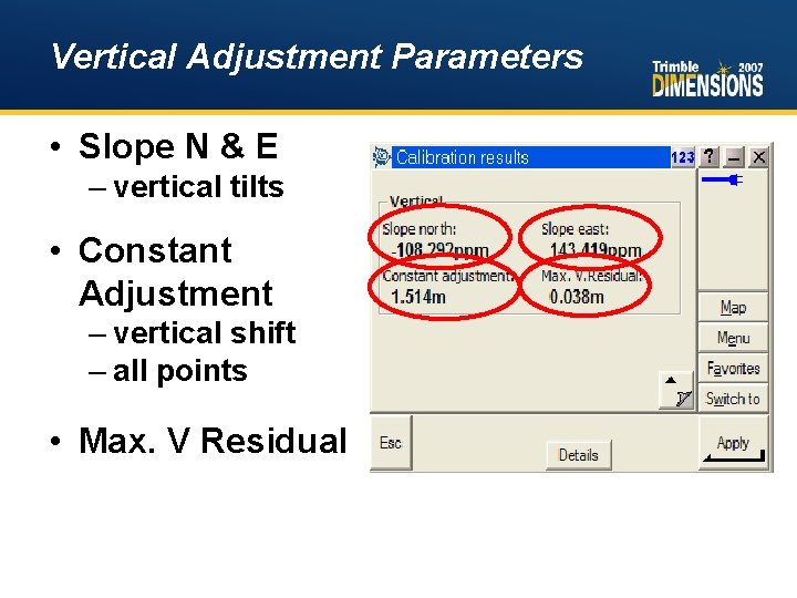 Vertical Adjustment Parameters • Slope N & E – vertical tilts • Constant Adjustment