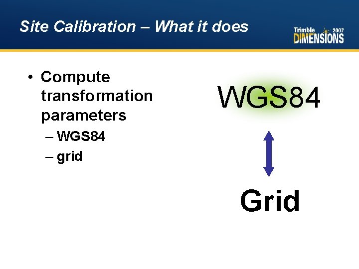 Site Calibration – What it does • Compute transformation parameters WGS 84 – grid