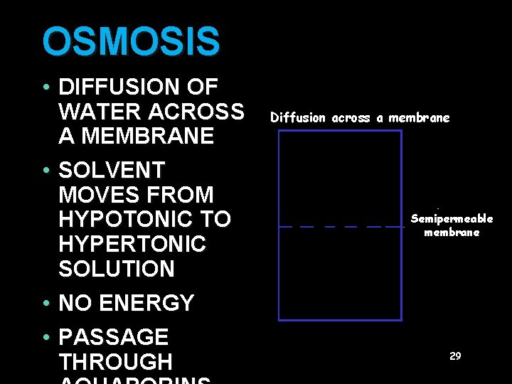 OSMOSIS • DIFFUSION OF WATER ACROSS A MEMBRANE • SOLVENT MOVES FROM HYPOTONIC TO