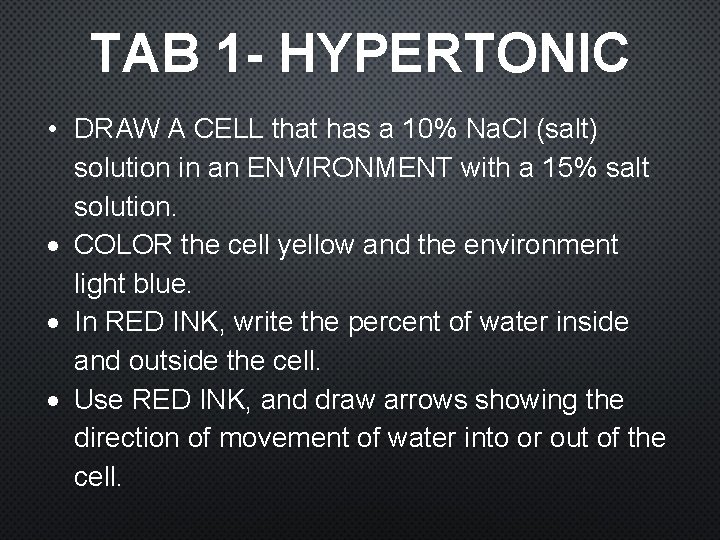 TAB 1 - HYPERTONIC • DRAW A CELL that has a 10% Na. Cl