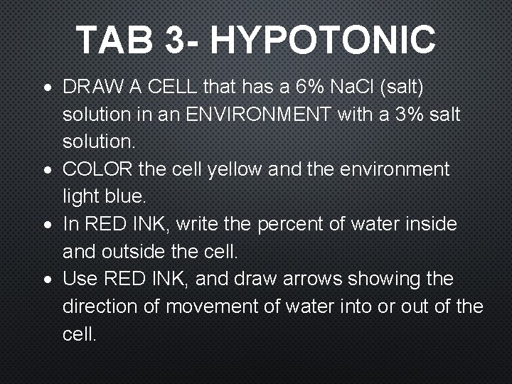 TAB 3 - HYPOTONIC DRAW A CELL that has a 6% Na. Cl (salt)
