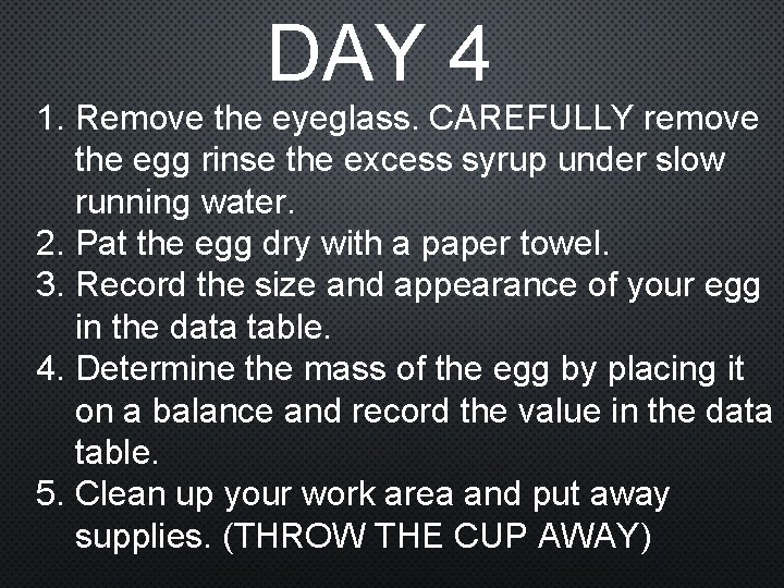 DAY 4 1. Remove the eyeglass. CAREFULLY remove the egg rinse the excess syrup