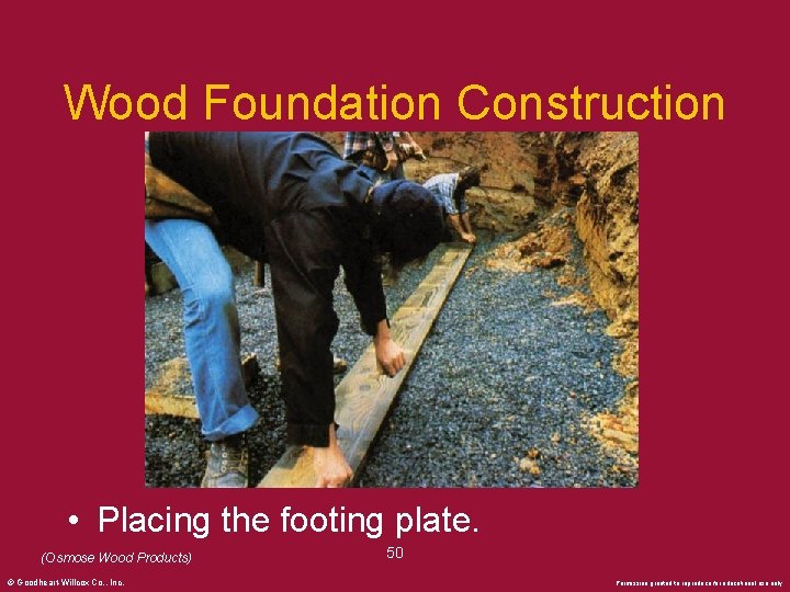 Wood Foundation Construction • Placing the footing plate. (Osmose Wood Products) © Goodheart-Willcox Co.