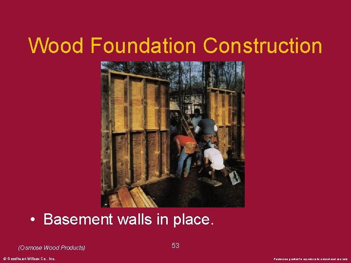 Wood Foundation Construction • Basement walls in place. (Osmose Wood Products) © Goodheart-Willcox Co.