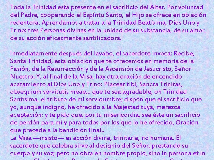 Toda la Trinidad está presente en el sacrificio del Altar. Por voluntad del Padre,