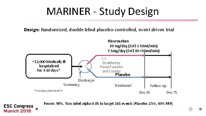 MARINER - Study Design: Randomized, double-blind placebo-controlled, event driven trial Rivaroxaban 10 mg/day (Cr.