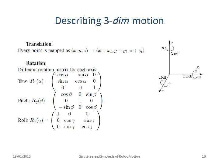 Describing 3 -dim motion 19/01/2012 Structure and Synthesis of Robot Motion 10 