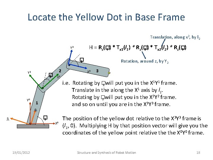 Locate the Yellow Dot in Base Frame Translation, along x 2, by l 2