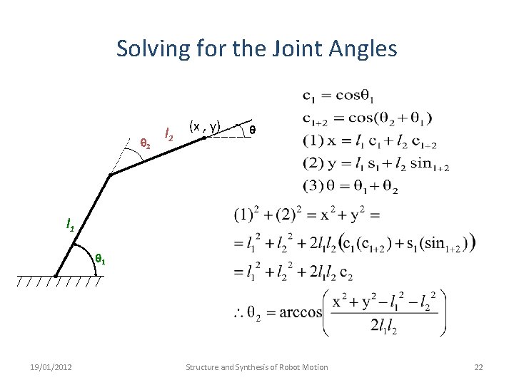 Solving for the Joint Angles q 2 l 2 (x , y) q l