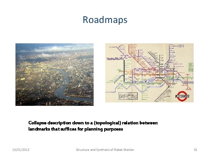Roadmaps Collapse description down to a (topological) relation between landmarks that suffices for planning