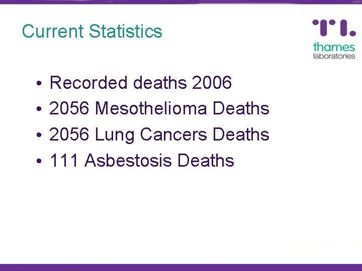 Current Statistics • • Recorded deaths 2006 2056 Mesothelioma Deaths 2056 Lung Cancers Deaths