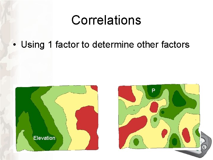 Correlations • Using 1 factor to determine other factors P P Elevation K Correlations • Using 1 factor to determine other factors P P Elevation K