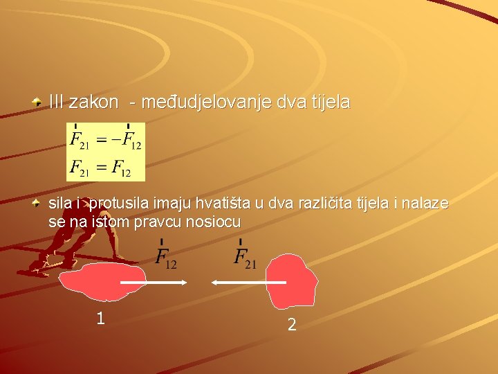 III zakon - međudjelovanje dva tijela sila i protusila imaju hvatišta u dva različita