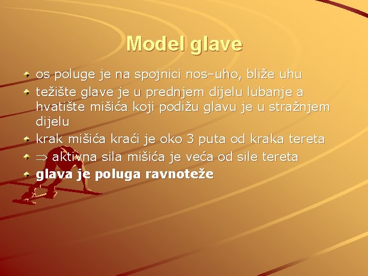 Model glave os poluge je na spojnici nos–uho, bliže uhu težište glave je u