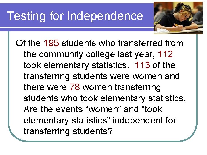Testing for Independence Of the 195 students who transferred from the community college last