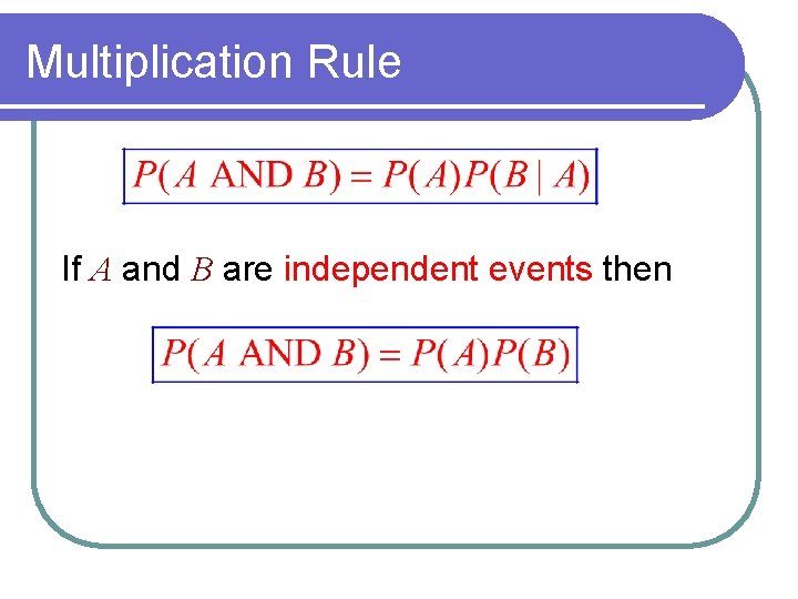 Multiplication Rule If A and B are independent events then 