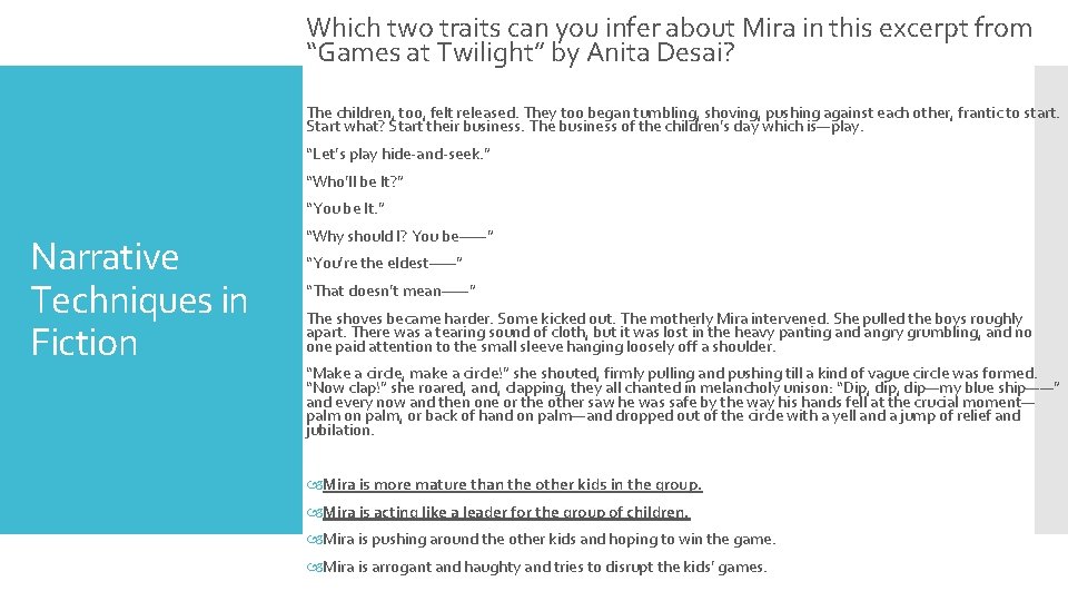 Which two traits can you infer about Mira in this excerpt from “Games at