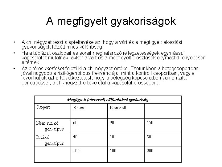 A megfigyelt gyakoriságok • • • A chi-négyzet teszt alapfeltevése az, hogy a várt