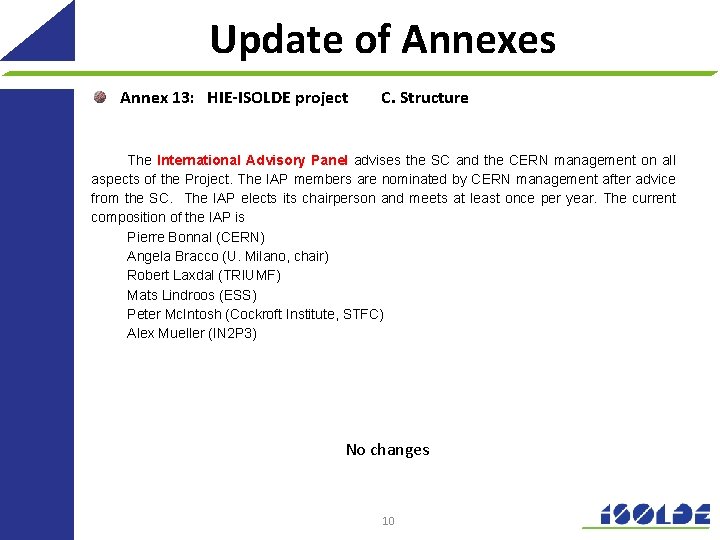 Update of Annexes Annex 13: HIE‐ISOLDE project C. Structure The International Advisory Panel advises