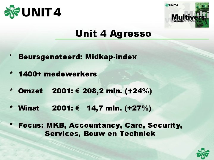 Unit 4 Agresso * Beursgenoteerd: Midkap-index * 1400+ medewerkers * Omzet 2001: € 208,
