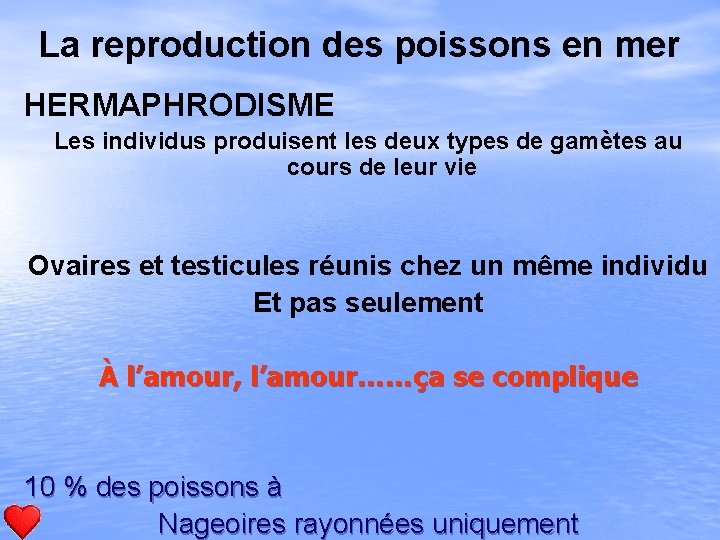 La reproduction des poissons en mer HERMAPHRODISME Les individus produisent les deux types de