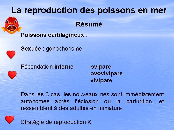 La reproduction des poissons en mer Résumé Poissons cartilagineux : Sexuée : gonochorisme Fécondation