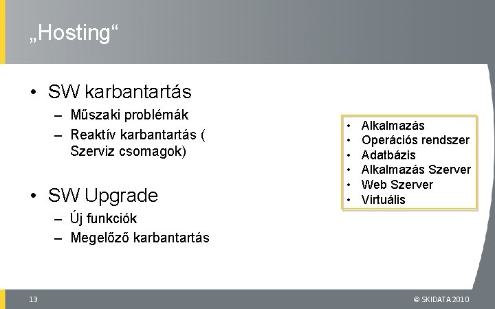 „Hosting“ • SW karbantartás – Műszaki problémák – Reaktív karbantartás ( Szerviz csomagok) •