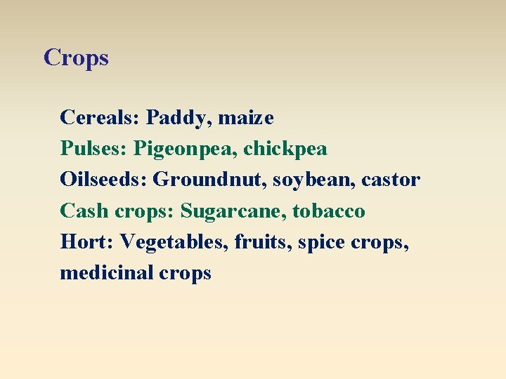 Crops Cereals: Paddy, maize Pulses: Pigeonpea, chickpea Oilseeds: Groundnut, soybean, castor Cash crops: Sugarcane,